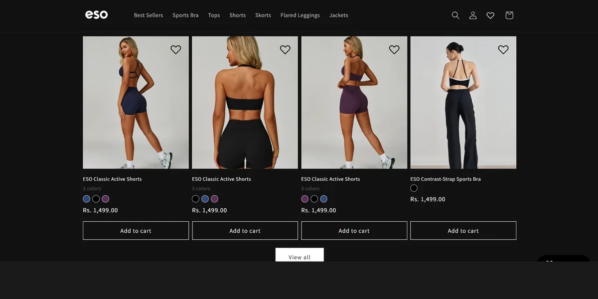 The same ESO storefront on the stock Shopify Dawn theme